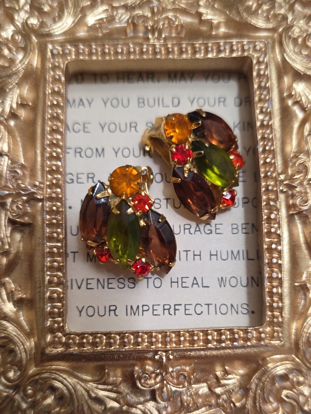 Vintage Multi-Color Crystal Clip Earrings - Brown, Olive & Amber